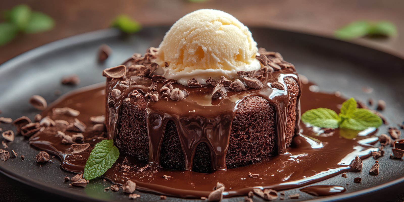 Decadent chocolate lava cake served with vanilla ice cream on a rustic wooden table